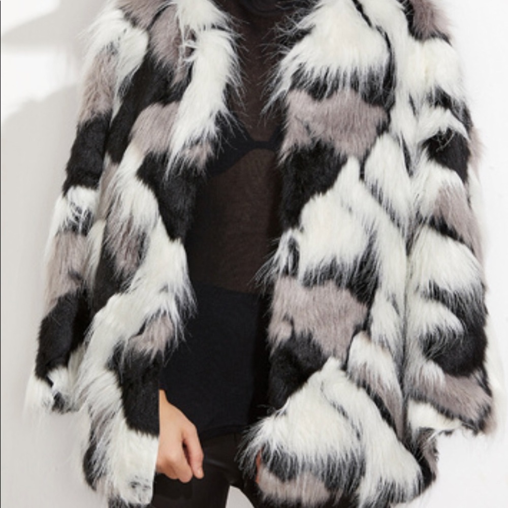 Patchwork open front faux fur coat